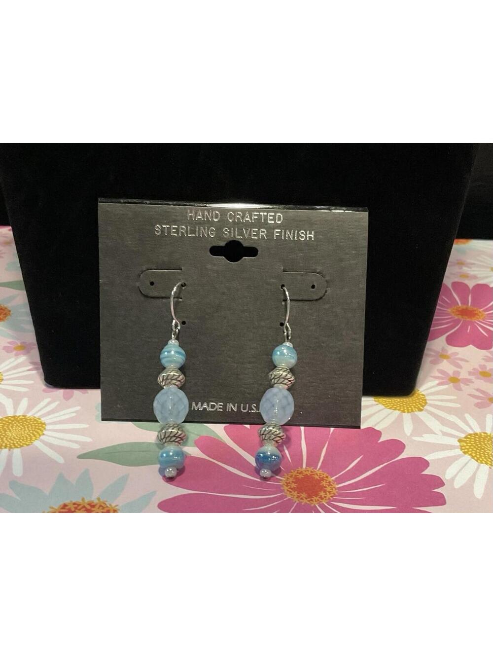 NWT Hand Crafted Blue And Silver Tone Bead Dangle Earrings # 1036